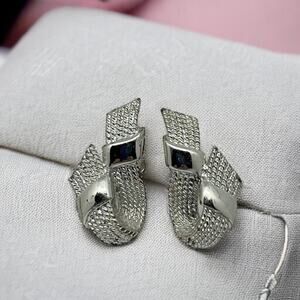Vintage Silver Ribbon Clip On Earrings Textured Mesh Hoop Statement
